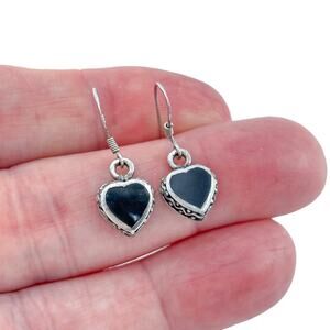 Vintage Sterling Silver 925 Black Onyx Heart Dangle Earrings